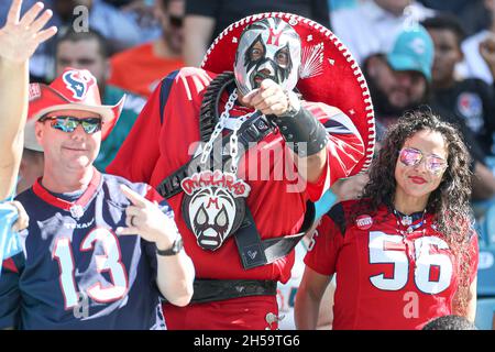 Dimanche 7 novembre 2021 ; Miami Gardens, FL États-Unis; les fans des Texans de Houston apprécient de regarder leur équipe lors d'un match de la NFL contre les Dolphins de Miami au Hard Rock Stadium. Les Dolphins battent les Texans 17-9. (Kim Hukari/image du sport) Banque D'Images