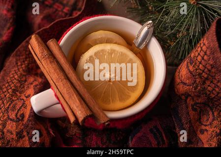 En automne ou en hiver, vue sur la cannelle, les citrons, le thé chaud et le foulard chaud. Banque D'Images