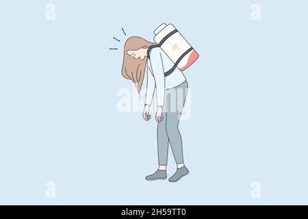 Concept de faible énergie et de fatigue.Jeune femme fatiguée stressée debout avec une batterie faible comme sac à dos sur le dos sentiment vers le bas illustration vectorielle Illustration de Vecteur