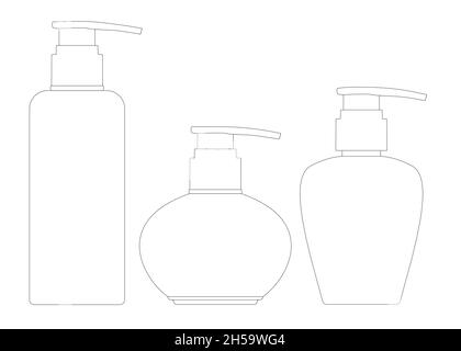 Ensemble avec contours de flacons pour savon liquide à partir de lignes noires isolé sur fond blanc.Illustration vectorielle Illustration de Vecteur