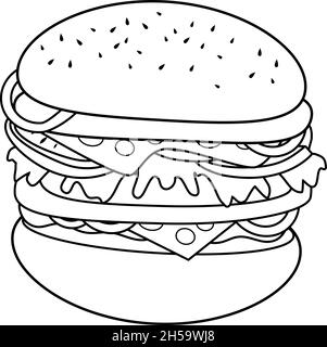 Hamburger au fromage.Page de couleur noire et blanche vectorielle Illustration de Vecteur