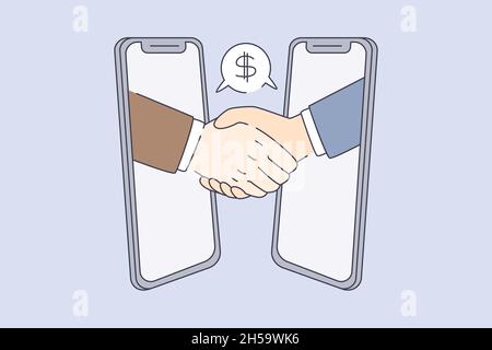 Concept de collaboration et d'affaire en ligne. Mains de deux partenaires d'affaires faisant poignée de main après l'illustration réussie de vecteur d'affaire en ligne Illustration de Vecteur