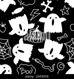 Motif Halloween sans couture avec fantôme sur fond noir Banque D'Images