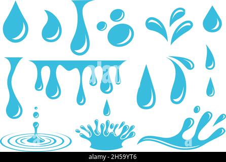 Gouttes d'eau de dessin animé.Chute isolée, pleurs des éléments de larmes.Goutte-à-goutte plate, éclaboussures de liquide bleu.Chute de pluie, projection de clipart vecteur exact Illustration de Vecteur