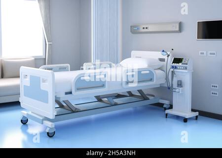 rendu 3d de l'intérieur de l'hôpital dans la salle de récupération ou d'hospitalisation avec lit et ventilateur Banque D'Images