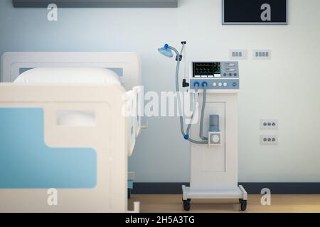 rendu 3d de l'intérieur de l'hôpital dans la salle de récupération ou d'hospitalisation avec lit et ventilateur Banque D'Images