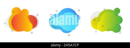 Ensemble de blobs de fluide bleu et rouge isolés, de taches de liquide vert et violet gradient. Banque D'Images