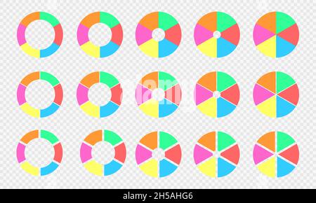 Collection de graphiques à tarte et à beignets.Les diagrammes circulaires sont divisés en 6 sections de couleurs différentes.Roues d'infographie avec six parties égales isolées sur fond transparent.Illustration vectorielle plate. Illustration de Vecteur
