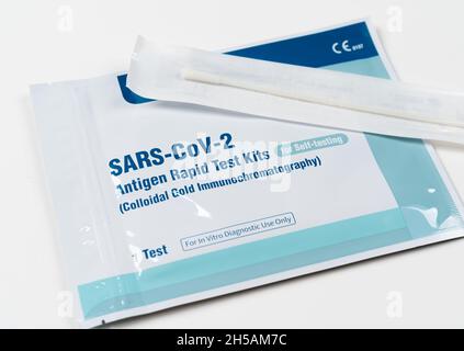 Nakhon Ratchasima, THAÏLANDE - 10 octobre 2021: Gros plan du coronavirus (Covid-19) ou de l'antigène du COV-2 du SRAS kits de tests rapides pour l'auto-test de Lepu Medical Tech Banque D'Images
