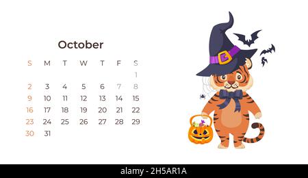 Mignon dessin animé tigre octobre 2022 calendrier modèle horizontal. Illustration de Vecteur