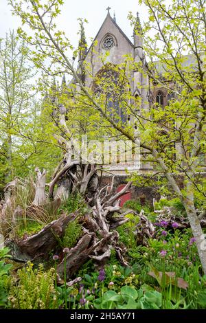 Cathédrale d'Arundel, depuis le Stumpery, jardin du collectionneur Ear, château d'Arundel, West Sussex,ROYAUME-UNI Banque D'Images