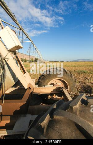 L'Irrigation Mobile Robot dans un champ. Photographié dans la vallée de Jezreel, Israël Banque D'Images