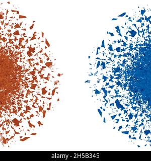 Nuage d'explosion de pièces rouges et bleues sur fond blanc.Des particules acérées vole dans l'air de façon aléatoire.Grande explosion Illustration de Vecteur