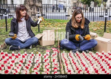 Westminster, Londres, Royaume-Uni.08 novembre 2021.Des bénévoles de nombreuses organisations différentes, en collaboration avec la Royal British Legion, mettent en place les hommages plantés dans les champs du souvenir, chacun portant un message personnel à quelqu'un qui a perdu la vie au service du pays dans le domaine de l'abbaye de Westminster à Londres.Credit: Imagetraceur/Alamy Live News Banque D'Images