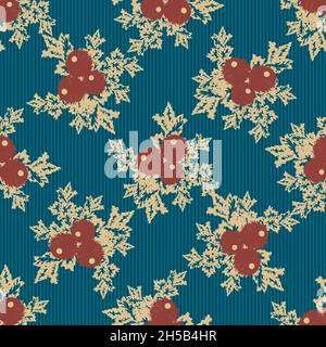 Motif vectoriel sans coutures pour le houx de Noël et les baies.Décor festif avec motifs traditionnels en forme de gribouillage sur rayures bleu foncé Illustration de Vecteur
