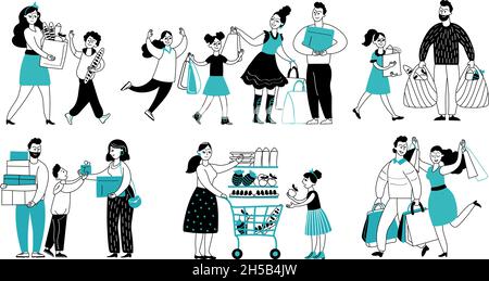 Shopping en famille.Les consommateurs achètent dans un supermarché, les gens qui se tournent vers les magasins.Les femmes consomment, l'acheteur avec le panier acheter des personnages vectoriels de biens décents Illustration de Vecteur