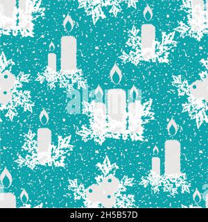 Noël bougies, baies, Holly sans couture motif vectoriel.Fond texturé flocon de neige bleu givré blanc avec motifs traditionnels Illustration de Vecteur