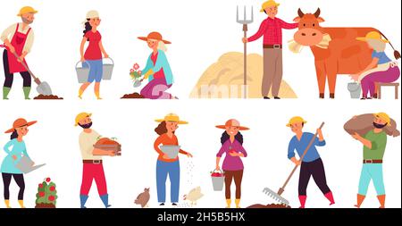 Caractères d'agriculteur.Jardinage les femmes qui travaillent, les agriculteurs dans le travail de village.Saisons de récolte, jardin agricole isolé ou plantation ensemble de vecteur décent Illustration de Vecteur