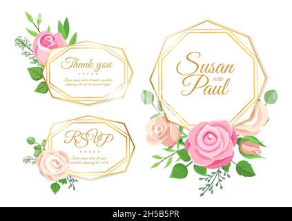 Décorations de mariage.Mariage éléments d'invitation, roses feuilles couronne.Conservez les cadres dorés avec l'ensemble de motifs floraux Illustration de Vecteur