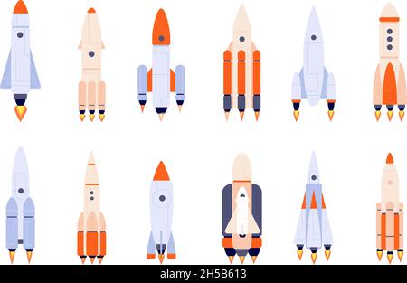 Fusée plate.Fusées spatiales, démarrage de vaisseau spatial ou lancement d'idée.Navette isolée au départ, métaphore de développement commercial de dessin animé avec des icônes vectorielles Illustration de Vecteur