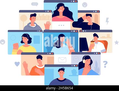 Concept d'appel vidéo.Messages virtuels, mobilité professionnelle des conférences.Communication de réunion de discussion en ligne.Ensemble de vecteurs de réseau de personnes Illustration de Vecteur