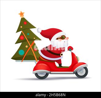 Le Père Noël porte un arbre de Noël sur un scooter rouge.Illustration vectorielle, style de dessin animé isolé sur fond blanc Illustration de Vecteur