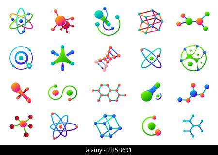 Molécules connectées.Structure molécule, logo science médicale.Symboles chimiques isolés, logotype technologique.Icônes vectorielles récentes bio colorées Illustration de Vecteur