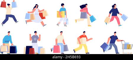 Les personnes qui magasinent à plat.Acheter un couple, des personnes avec un panier et acheter.Femme homme tenant des sacs boîte, isolé acheteur discount caractères de vecteur Illustration de Vecteur