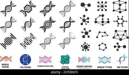 Structure moléculaire de l'ADN.Icônes de molécules, signes de laboratoire isolés.Recherche en biotechnologie médicale chimique, collection d'étiquettes vectorielles en sciences génétiques Illustration de Vecteur