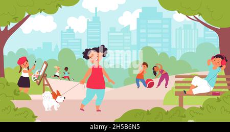 Activités dans le parc pour enfants.Terrain de jeu pour enfants, football et chiot en plein air.Dessins animés enfants vacances d'été, jardin d'enfants sur la marche décent vecteur concept Illustration de Vecteur