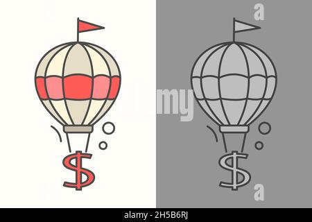 Ballon à air chaud avec panneau US Dollar.Finance, économie, concept monétaire.Illustration de style plat.Isolé. Illustration de Vecteur