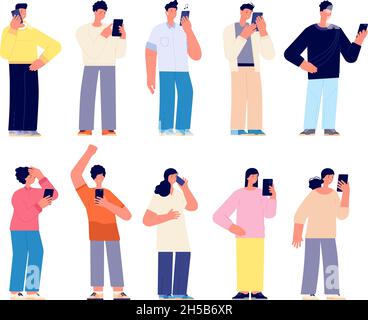 Utilisateurs de smartphones.Femme avec gadgets, messagerie sur smartphone.Jeune personne travaillant la communication, adolescent dans les médias sociaux ensemble de vecteur total Illustration de Vecteur