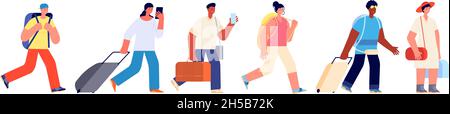 Touristes marchant.Joyeux jeune touriste, voyage de la file d'attente de l'aéroport.Femme homme avec valise bagage.Caractères vectoriels de la coupe du groupe touristique adulte plat Illustration de Vecteur