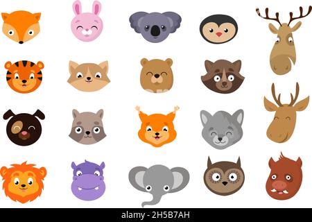 Adorables avatars animaux.Têtes d'animaux, lion sauvage exotique koala hippopo.Chat de bébé, chiot et lapin, personnages isolés de vecteur de forêt de dessins animés Illustration de Vecteur