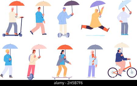 Personnages des jours de pluie.Imperméable et parapluie pour les personnes.Travailleur à vélo, les personnes adorables tiennent des parasols.Ensemble de vecteur de randonnée en plein air météo d'automne Illustration de Vecteur