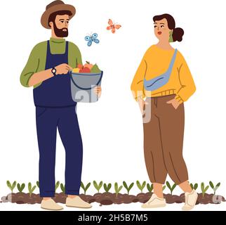 Jardinier avec pomme.Seau à fruits, solde de l'homme légumes et fruits de jardin.Pomme de poire, mignon fermier et fille de la ville.Vecteur de flirt de dessin animé Illustration de Vecteur