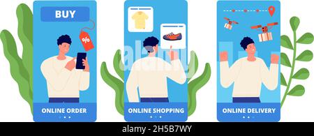 Modèle d'achat d'applications mobiles.Boutique en ligne, facile à acheter et à payer.Développement d'applications, graphique ui ux.Ecommerce plat, commande homme sur téléphone coupe vecteur ensemble Illustration de Vecteur