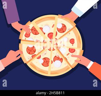 Les gens partagent une pizza.Les enfants mangent, les filles mangent au restaurant.Déjeuner en famille, mains de dessin animé touchent des tranches de restauration rapide.Pizzéria livraison dîner caniveau Illustration de Vecteur