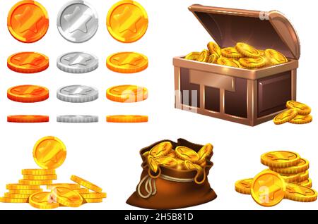 Pièces d'argent d'or.Trésors de pièces de poitrine en bois, médailles d'or en bronze avec étoiles.Sac isolé avec de l'argent, éléments vectoriels de jeu de dessin animé Illustration de Vecteur