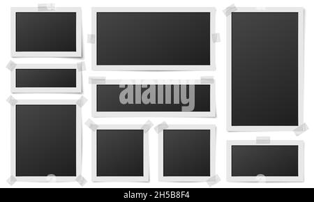 Cadres photo carrés.Cadrage de photos, modèle de photographie de cadre.Image vierge numérique réaliste sur morceaux de bande, cartes isolées jeu de vecteurs récent Illustration de Vecteur