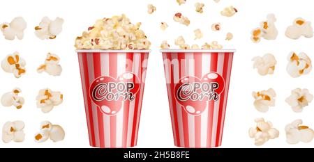 Pop-corn réaliste.En-cas cinéma, bol à rayures rouges pour les popcorns.Gobelet en papier géant isolé avec illustration de vecteur alimentaire rapide Illustration de Vecteur