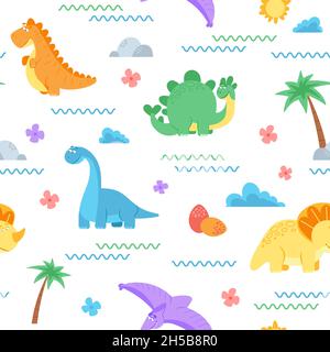 Joli motif dinosaure.Surface Dino, imprimé textile de mode Dinosaurs pour enfants.Tissu nouveau-né, animaux adorables textile décente vecteur texture sans couture Illustration de Vecteur