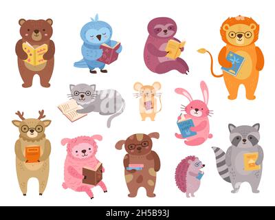 Animaux lisant.Animal sauvage lire livre, drôle d'étude des personnages.Littérature de dessin animé puérile, isolés amis des enfants exact clipart vecteur Illustration de Vecteur