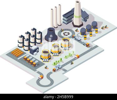 Usine de recyclage des déchets.Ensemble architectural industriel de plantes chimiques vecteur lowpoly 3d isométriques bâtiments Illustration de Vecteur