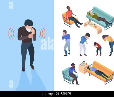 Symptômes de la grippe.Les personnes malades bactéries éternuant toux garish vecteur caractères isométriques Illustration de Vecteur