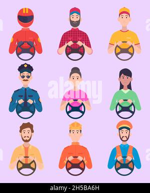 Pilotes.Avatars personnes tenant le casque de course de roue de conduite de bus et de chauffeurs de taxi caractères de la circulation personnes de vecteur exact Illustration de Vecteur