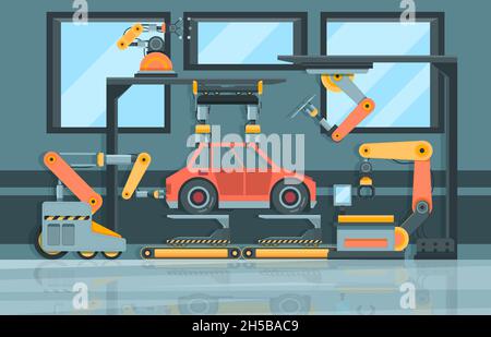 Industrie intelligente.Convoyeur avec mains robotisées systèmes d'usinage Garish vector dessin animé arrière-plan Illustration de Vecteur