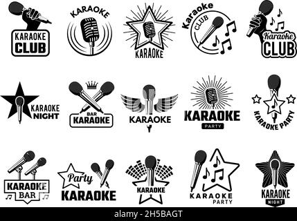 Événement karaoké.Les symboles de fête de musique sont des emblèmes avec des chanteurs de microphone concept logos enregistrer studio images vectorielles récentes Illustration de Vecteur