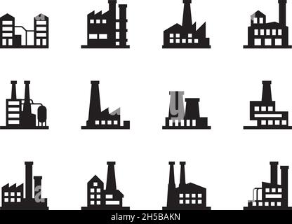 Silhouettes d'usine.Fabrication usine industrielle production chimique pollution de l'air symboles vectoriels de garache Illustration de Vecteur