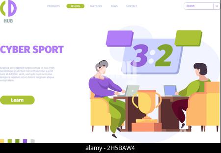Cybersport atterrissage.Jeux en ligne tournoi numérique ordinateur et console pour jeux vidéo Garish vecteur web modèle Illustration de Vecteur